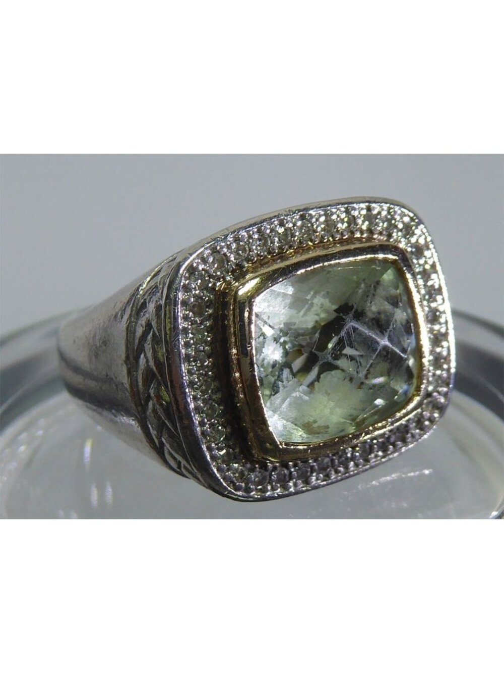 Signed Alwand Vahan AV© 14K Sterling Prasiolite & Diamond Halo Ring Size 7